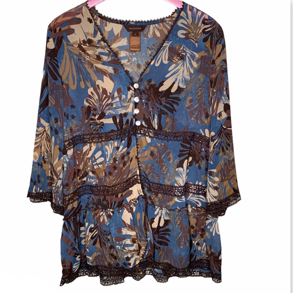 Multiples Floral Tunic Blue and Brown Open Front